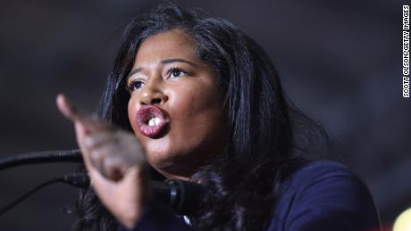 Kristina Karamo, who is running for the Michigan Republican party&#39;s nomination for secretary of state, speaks at a rally hosted by former President Donald Trump on April 02, 2022 near Washington, Michigan. 