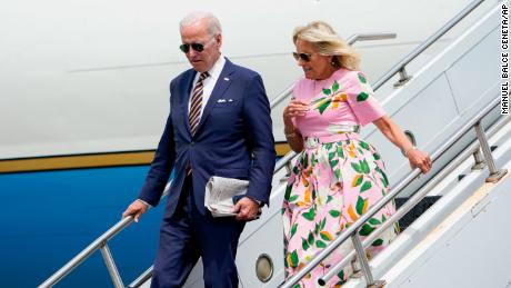 President Joe Biden and first lady Jill Biden arrive at Joint Base Charleston, S.C., Wednesday, Aug. 10, 2022. They are heading to Kiawah Island for a week-long vacation. (AP Photo/Manuel Balce Ceneta)