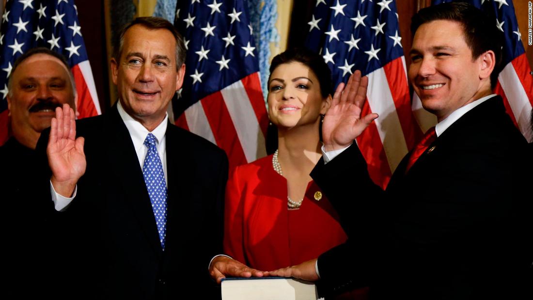 DeSantis is joined by his wife, Casey, as House Speaker John Boehner swears him into Congress in January 2013. DeSantis represented Florida&#39;s 6th District until 2018.