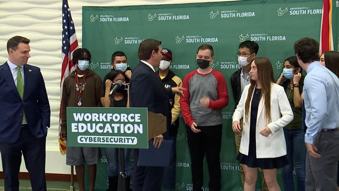 DeSantis &lt;a href=&quot;https://www.cnn.com/2022/03/02/politics/ron-desantis-florida-student-masks/index.html&quot; target=&quot;_blank&quot;&gt;scolds high school students&lt;/a&gt; for wearing masks at a March 2022 news conference at the University of South Florida. &quot;You do not have to wear those masks,&quot; he told them. &quot;I mean, please take them off.&quot; DeSantis had been among the chief skeptics of the efficacy of mask-wearing as a means to mitigate the spread of Covid-19. In 2021, he signed an executive order barring schools from requiring students to wear masks.