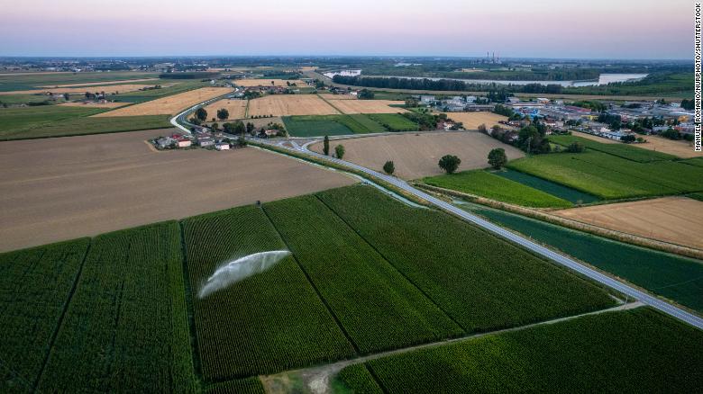 Irrigation systems on a corn field in Castelnovo Bariano, Italy.