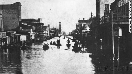 This 1861 photograph shows a flood in Sacramento. 