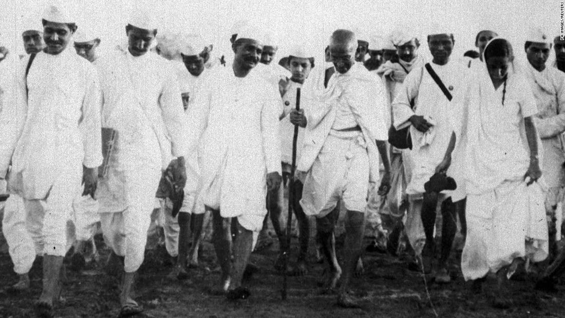 Mohandas Karamchand Gandhi, better known as Mahatma Gandhi, with independence activists during the Dandi March -- a non-violent act of civil disobedience on April 6, 1930. Gandhi would become widely known as the man credited with securing India&#39;s independence.