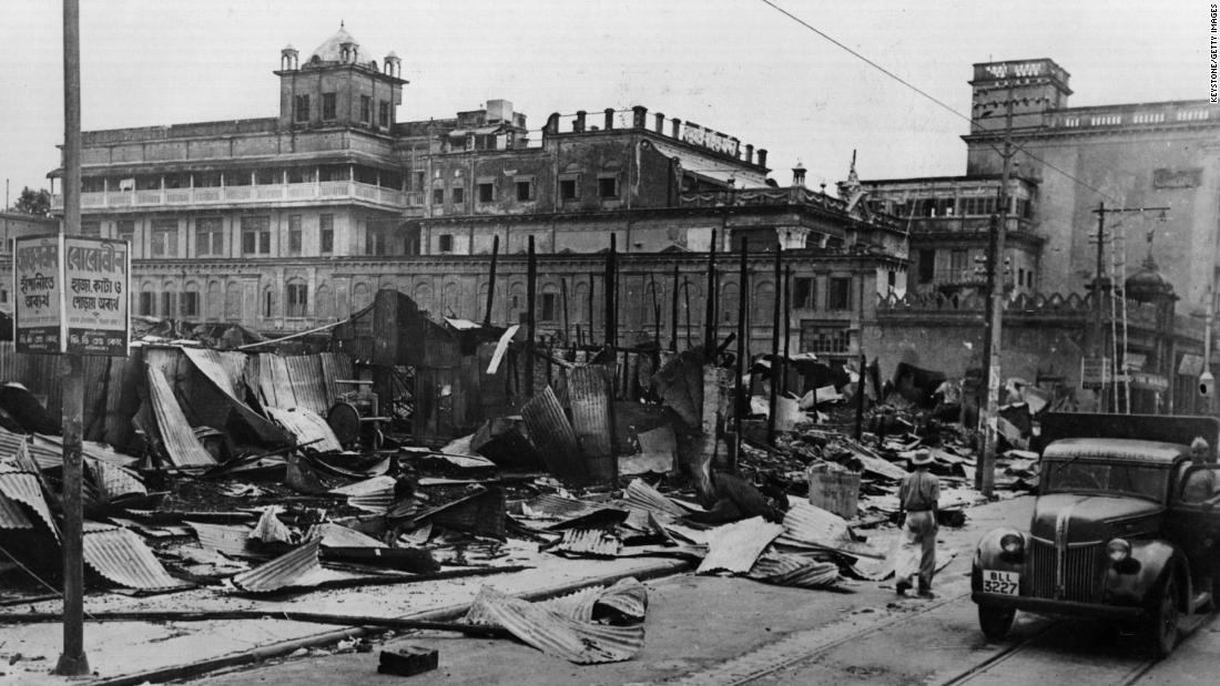 Burned shops line a street in Calcutta -- now known as Kolkata -- after Hindu-Muslim rioting killed more than 4,000 people in August 1946. The Muslim League provincial government had made a call to Muslims for a &quot;Direct Action Day&quot; -- ostensibly a day of strikes to support the creation of Pakistan.