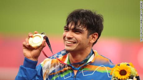 Neeraj Chopra at the medal presentation ceremony after winning the gold medal in the men&#39;s javelin competition during Tokyo 2020 Summer Olympic Games on August 7th, 2021.