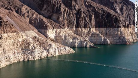 The &quot;bathtub rings&quot; along Lake Mead near the Hoover Dam that show how far the lake has fallen.
