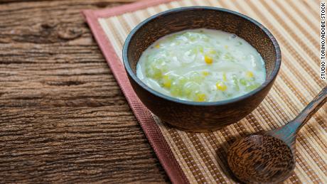 A Thai-style pudding makes a refreshing dessert. Here&#39;s sago with corn in coconut milk.