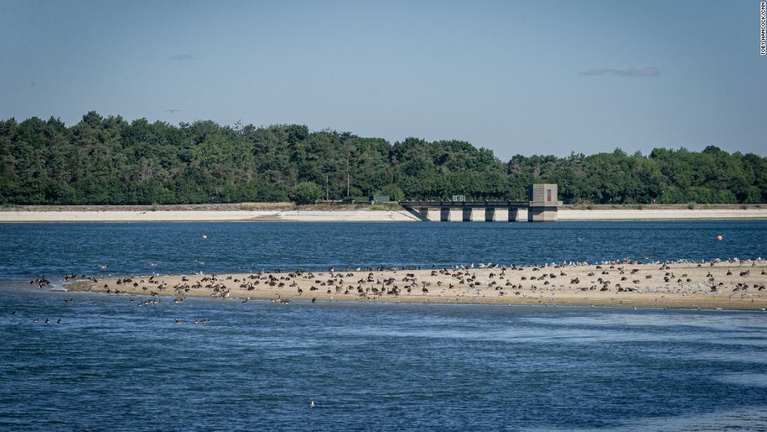 Low water levels expose parts of the shoreline at Hanningfield Reservoir in Essex, England.