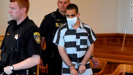 Hadi Matar, 24, arrives to appear at the Chautauqua County Courthouse in Mayville, New York, Saturday, Aug. 13, 2022.   