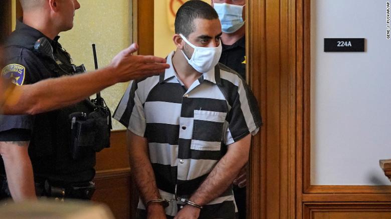 Hadi Matar arrives for an arraignment in the Chautauqua County Courthouse in Mayville, New York, on August 13.