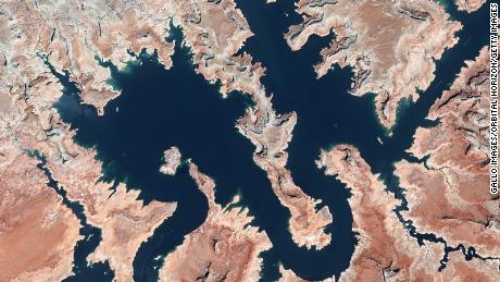 A satellite view of Lake Powell, a Colorado River reservoir and the country&#39;s second largest, in April.