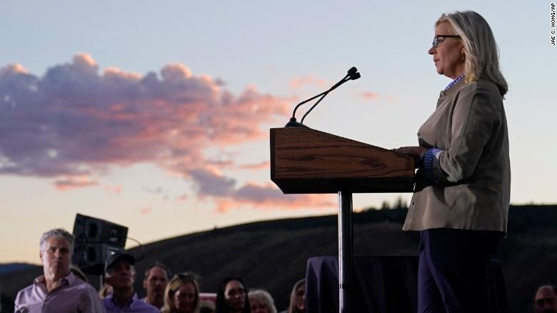 Rep. Liz Cheney, R-Wyo., speaks Tuesday, Aug. 16, 2022, at a primary Election Day gathering at Mead Ranch in Jackson, Wyo. Cheney lost to challenger Harriet Hageman in the primary. 