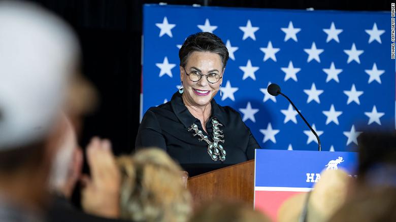 Trump-backed Harriet Hageman speaks to supporters on election night in  Cheyenne, Wyoming. 