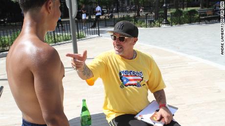 Antonio Fernandez does outreach at Maria Hernandez Park in Bushwick, Brooklyn, on July 31, 2022.
