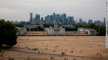 Dry grass is seen in Greenwich Park, England.  Sixty-three percent of land in the European Union and the United Kingdom - an area almost the same size as India - is now under drought warnings or alerts.