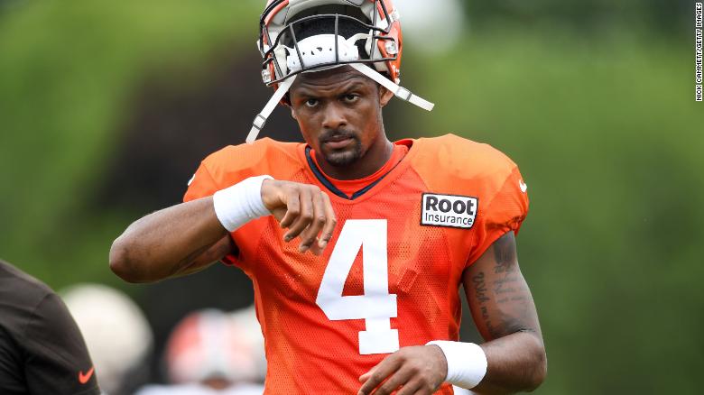 Deshaun Watson walking off the field during Cleveland Browns training camp at CrossCountry Mortgage Campus on August 9.