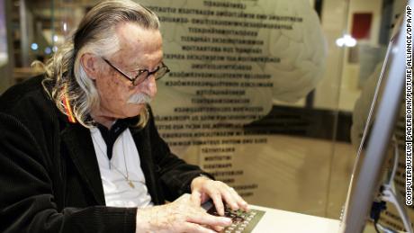 Eliza's inventor, Joseph Weizenbaum, sits at his computer desktop at the Computer Museum in Paderborn, Germany, May 2005. 