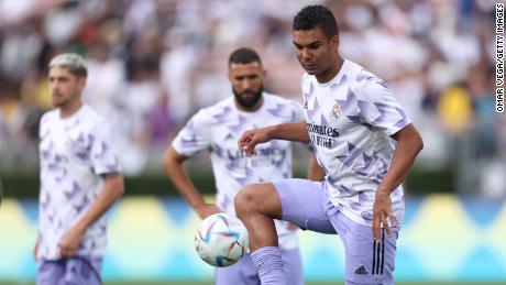 Casemiro warms up prior to the preseason friendly between Real Madrid and Juventus.