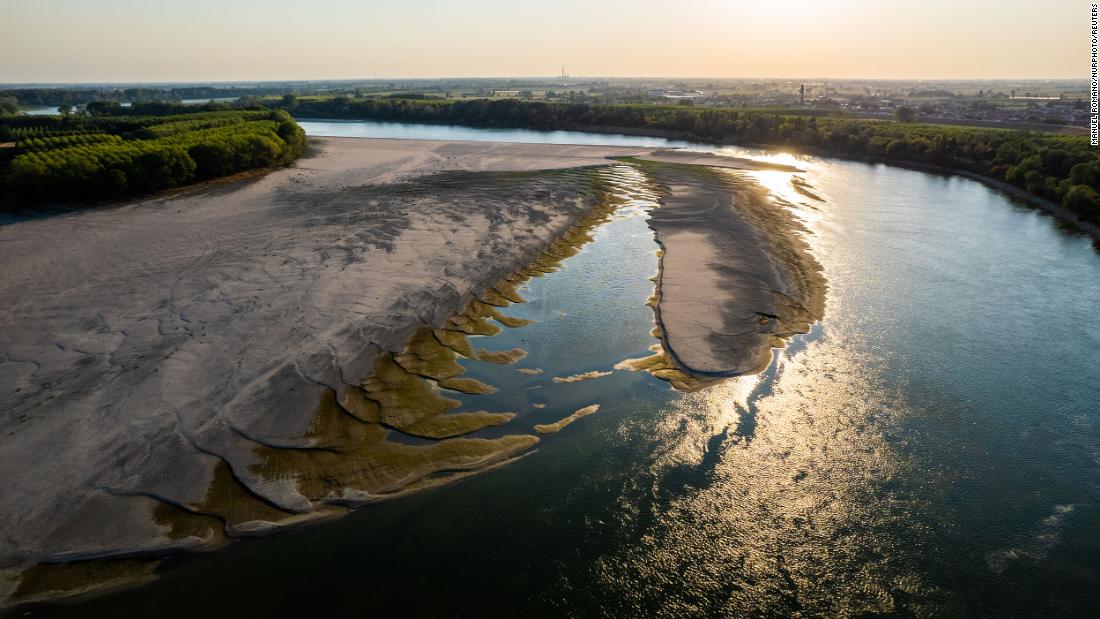 A drone view of the River Po, near Bergantino, Italy, on July 15, 2022. (Photo by Manuel Romano/NurPhoto)