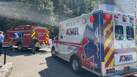 A woman hiking with a group of friends in the Columbia River Gorge outside Portland, Oregon, on Friday, died after falling approximately 100 feet and suffering a head injury, according to a release from the Multnomah County Sheriff&#39;s Office.