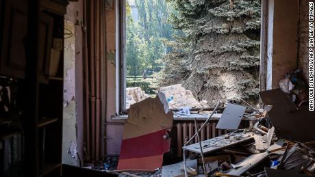 A destroyed classroom is pictured in the Ukrainian city of Kramatorsk, a city in the east that is on the frontline of the war with Russia.  
