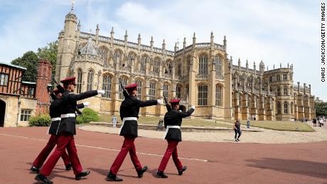 Soldiers on the grounds of Windsor Castle during the reopening on July 23, 2020. 
