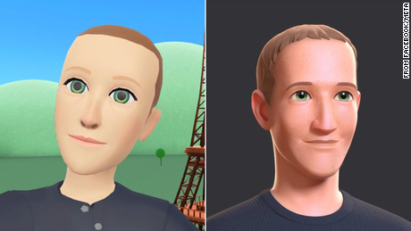 Screenshots of Mark Zuckerberg&#39;s avatars in Horizon Worlds. After being teased for the first picture (left), he posted an example of what he says is coming soon (right).