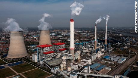 An aerial view of a coal-fired power plant on November 11, 2021 in Hanchuan, Hubei province, China.