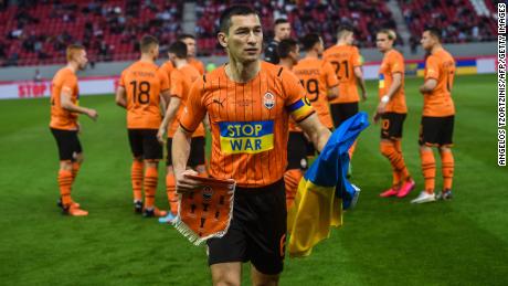 Shakhtar Donetsk&#39;s Taras Stepanenko walks on the pitch before a charity match between Shakhtar and Olympiacos at the Karaiskaki Stadium in Athens on April 9.