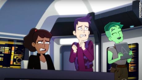 From left to right, the animated characters Beckett Mariner, Brad Boimler and D'Vana Tendi in a scene from Season 3 of 