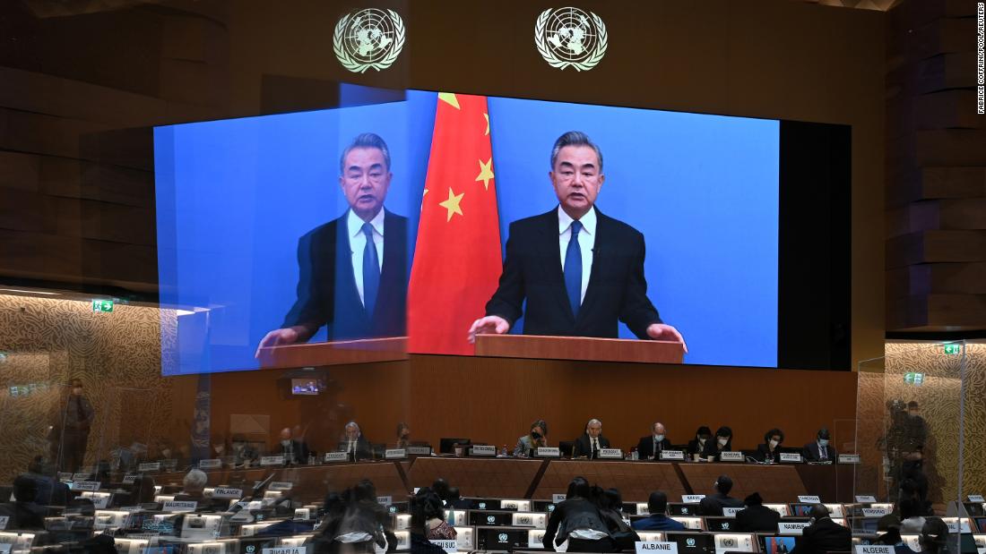 Chinese Foreign Minister Wang Yi delivers a speech via video link at the opening of a session of the UN Human Rights Council in February.