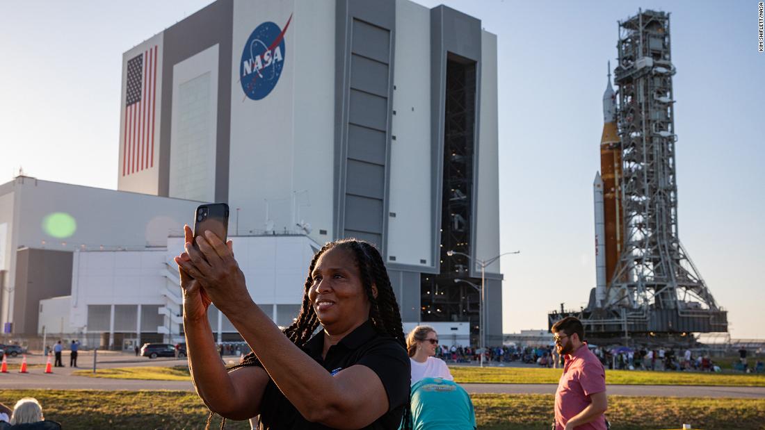A spectator takes a selfie in front of Artemis I on March 17, ahead of NASA&#39;s first &lt;a href=&quot;https://www.cnn.com/2022/04/01/world/artemis-i-wet-dress-rehearsal-test-scn/index.html&quot; target=&quot;_blank&quot;&gt;wet dress rehearsal&lt;/a&gt;. 
