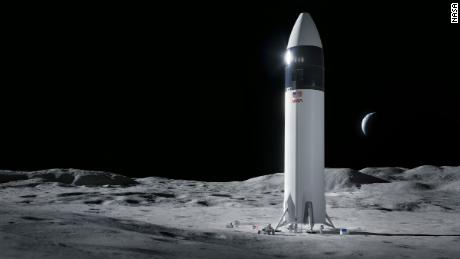 This illustration shows SpaceX's Starship human lander design that will bring the first NASA astronauts to the surface of the moon through the Artemis program.