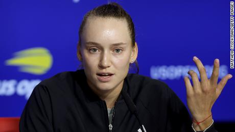 Elena Rybakina answers a question during a media day before the start of the US Open.