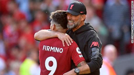 Klopp hugging Firmino, who was substituted against Bournemouth.