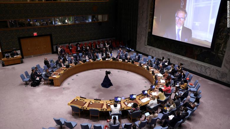 International Atomic Energy Agency (IAEA) Director General Rafael Grossi delivers remarks during a United Nations Security Council meeting regarding Russia&#39;s invasion of Ukraine at the UN Headquarters in New York City on August 11. 