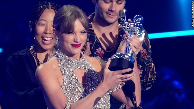 Taylor Swift accepts the award for best longform video for 