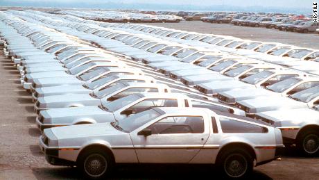 Stainless steel DeLorean cars are stocked in Wilmington Marina Terminal, Wilmington, Del., June 1981, after their arrival from Northern Ireland. (AP Photo)