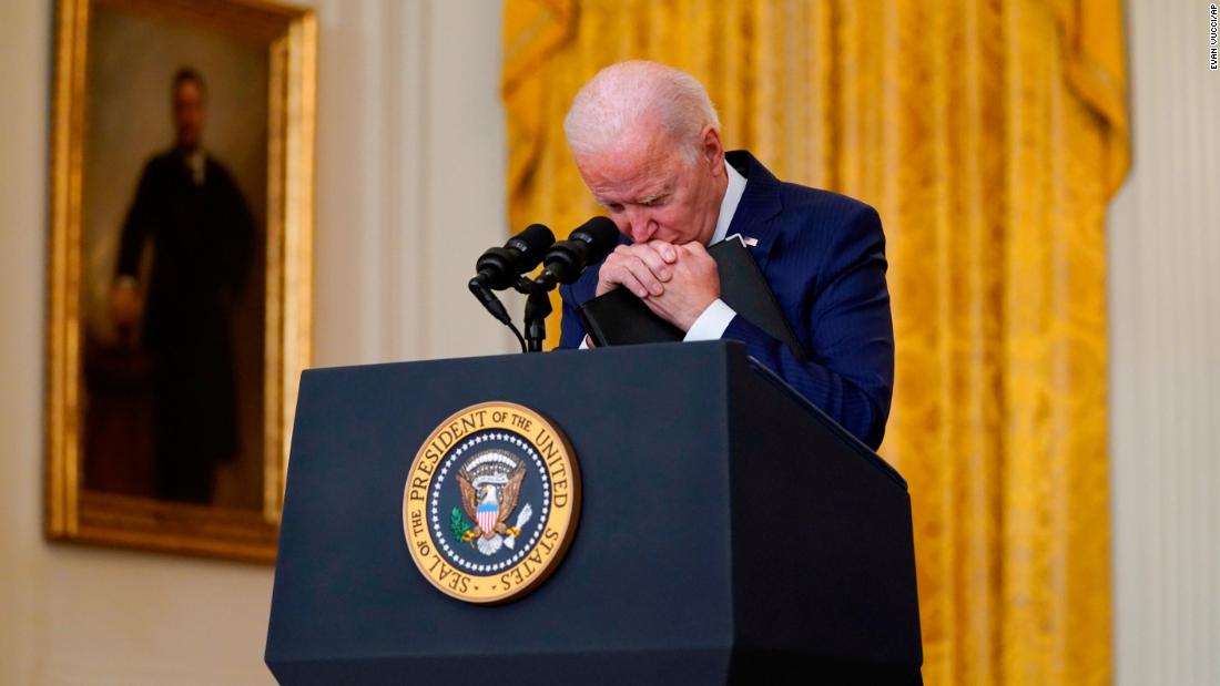 Biden pauses as he listens to a question about &lt;a href=&quot;https://www.cnn.com/2021/08/26/middleeast/gallery/kabul-deadly-blasts-afghanistan-airport/index.html&quot; target=&quot;_blank&quot;&gt;a suicide bombing&lt;/a&gt; that took place outside the international airport in Kabul in August 2021. The attack killed dozens of Afghan civilians and 13 US service members. The terror group ISIS-K, which rivals the Taliban in Afghanistan, claimed responsibility for the attack. Biden &lt;a href=&quot;https://www.cnn.com/2021/08/26/politics/biden-kabul-attack/index.html&quot; target=&quot;_blank&quot;&gt;vowed to retaliate.&lt;/a&gt; &quot;We will not forgive. We will not forget. We will hunt you down and make you pay,&quot; he said.