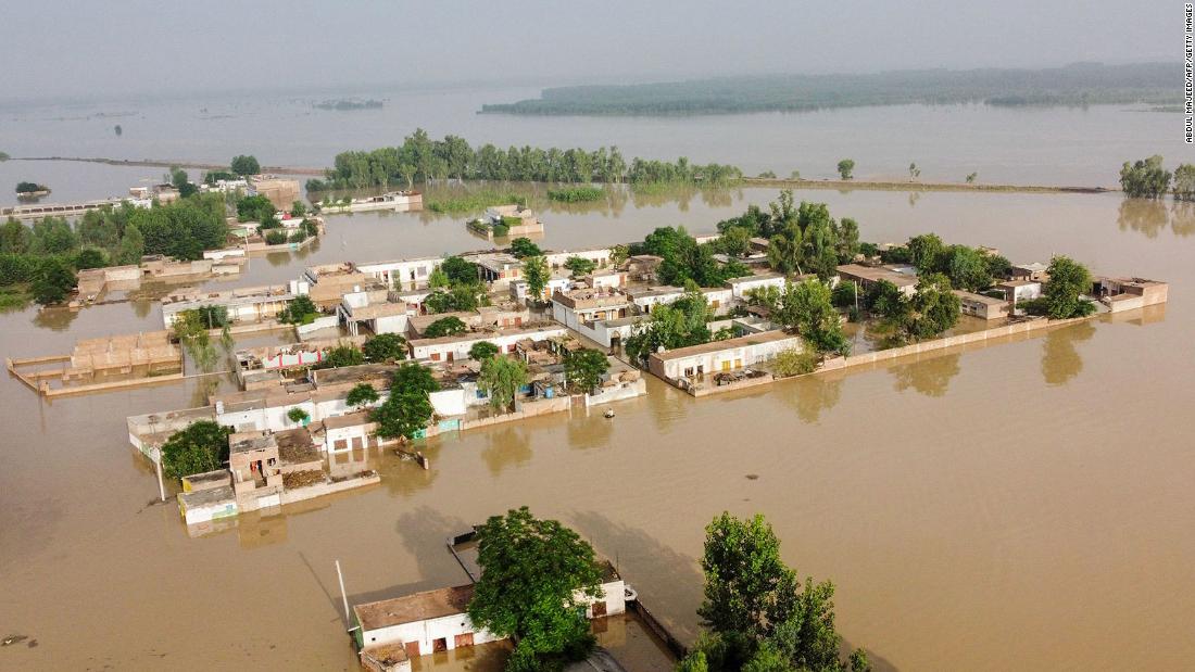 A flooded area is seen from atop a bridge in the Charsadda district on August 27.