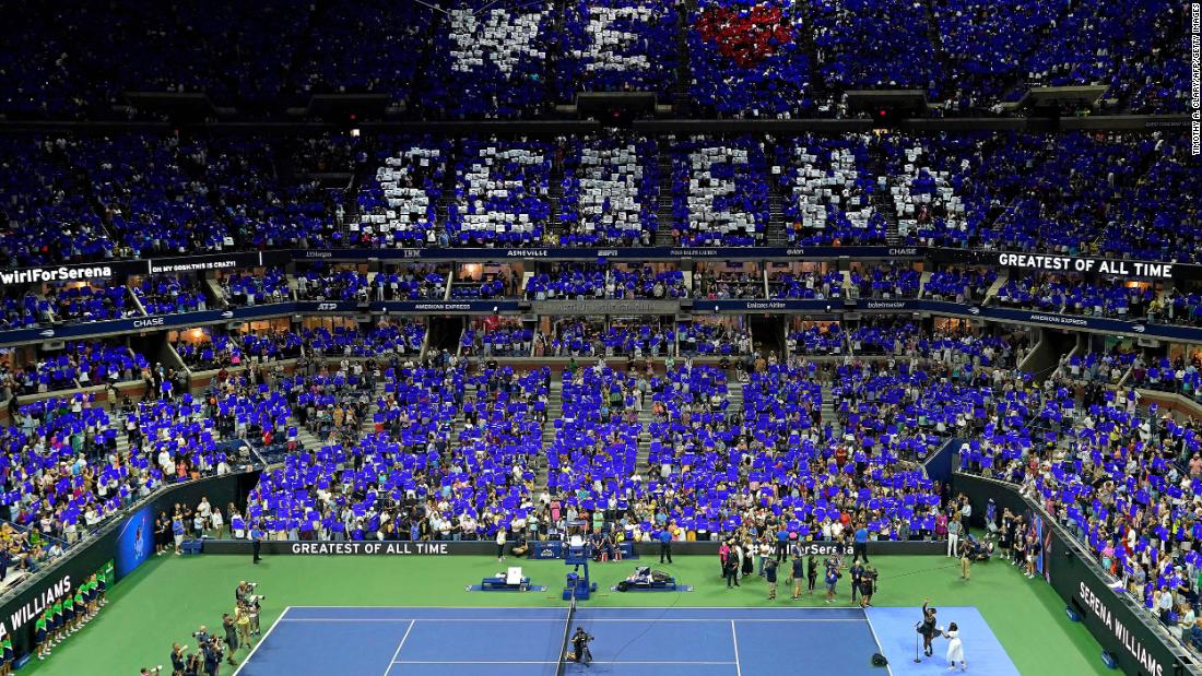 Fans at Arthur Ashe Stadium hold up signs showing their love for Williams after the match.