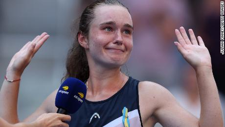 After defeating Halep at the US Open, Snigger reacts.