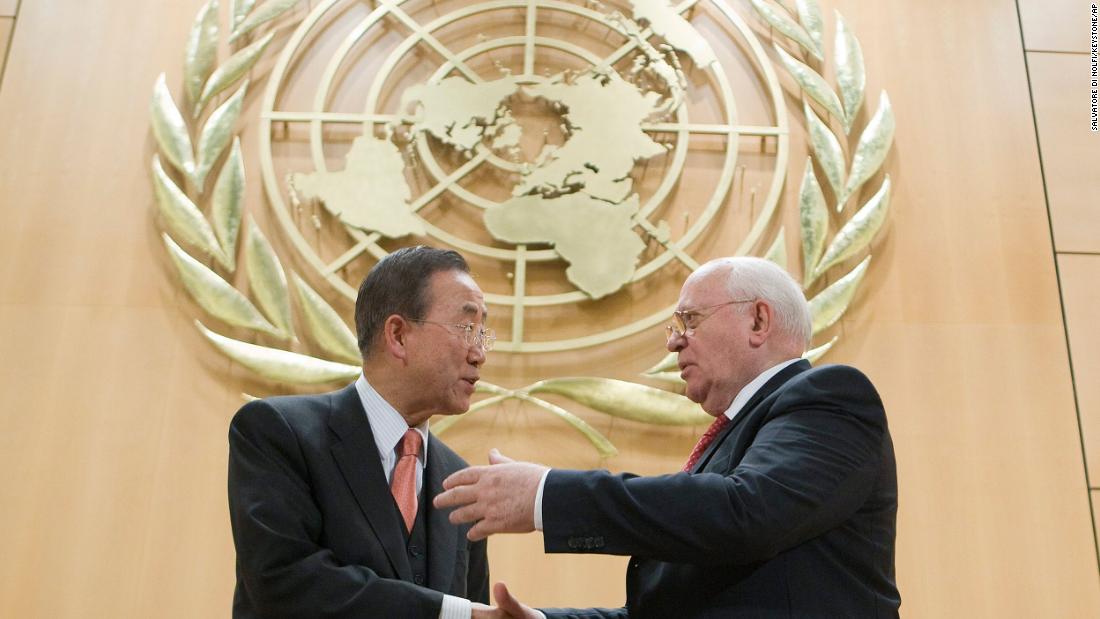 Gorbachev and United Nations Secretary-General Ban Ki-moon shake hands at the UN's European headquarters in 2009. The theme that day was &quot;resetting the nuclear disarmament agenda.&quot;