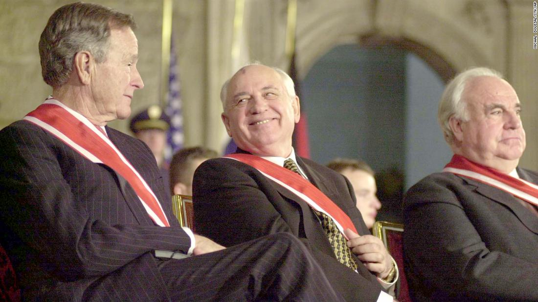 From left, Bush, Gorbachev and former German Chancellor Helmut Kohl attend a ceremony at Prague Castle in 1999. They were among six former world leaders being honored with the Order of the White Lion, the highest Czech state award.