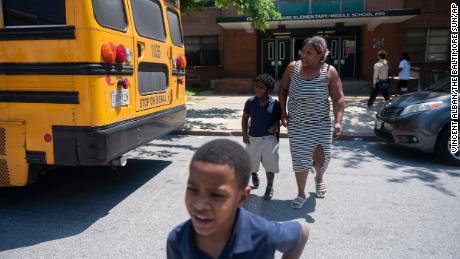 Parents in Baltimore picked up their children at the Elementary/Middle School in Franklin Square in May.