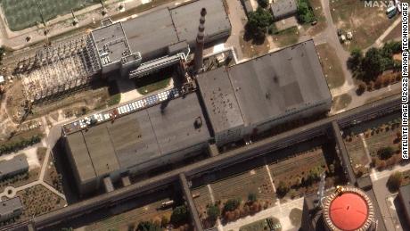 This satellite image shows holes on a building of Zaporizhzhia nuclear power plant on August 29, 2022.