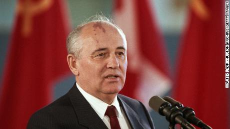 Gorbachev speaks during a visit to Ottawa, Canada in 1990.