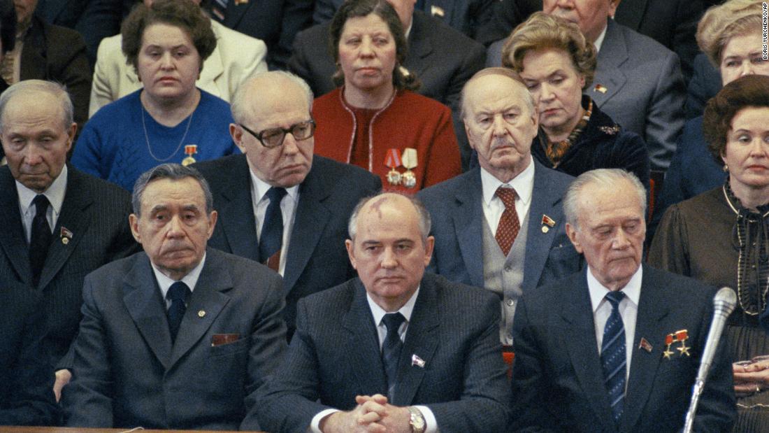 Gorbachev, front center, attends an International Women's Day Gala in Moscow in March 1985. He became a full Politburo member in 1980, and he rose to the top party spot in 1985. That effectively made him the leader of the Soviet Union.