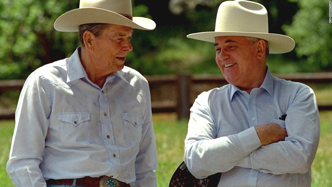 Gorbachev and Reagan spend time together at Reagan&#39;s ranch in California in May 1992. Both were no longer in power.