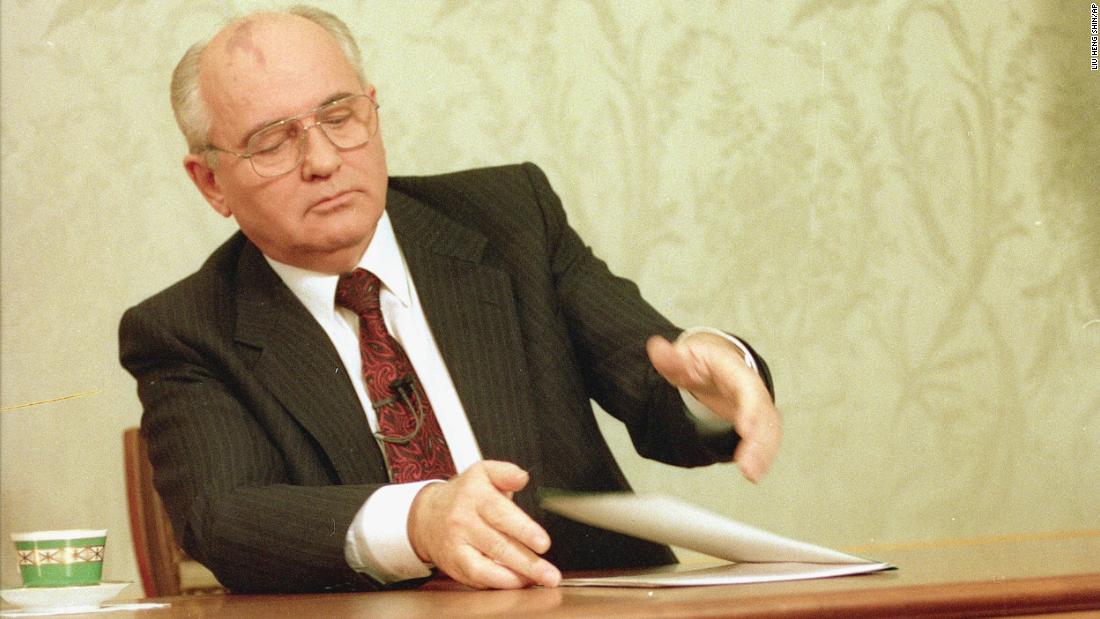 Gorbachev closes his resignation speech after delivering it on Soviet television in December 1991. Across the Soviet Union, republics — one after another — were declaring independence. Shortly after his speech, the Soviet hammer-and-sickle flag was lowered from the Kremlin, and in its place rose the white, blue and red flag of Russia.